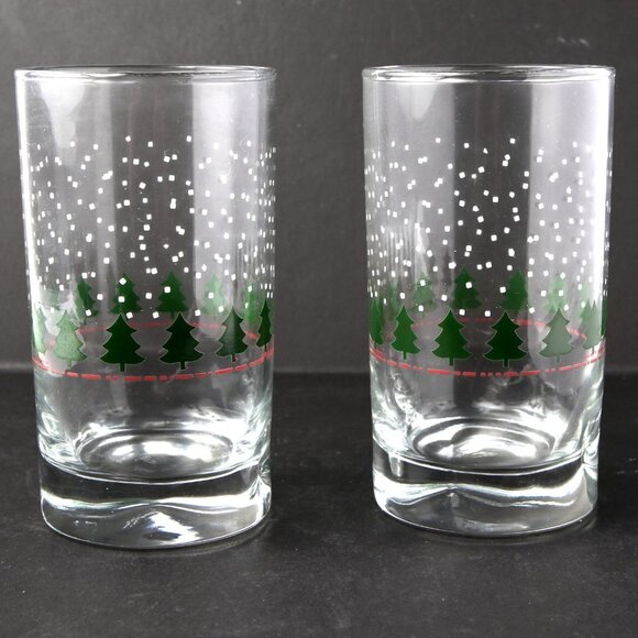 Vintage Libbey Christmas Glass Cups Highball Tumblers Tree Snowfall Pucker Base - Picture 1 of 11